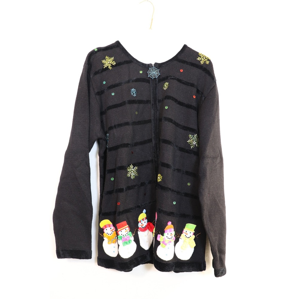 The‎ Quacker Factory Snowman Beaded Zip Cardigan Sweater Black Large Holiday